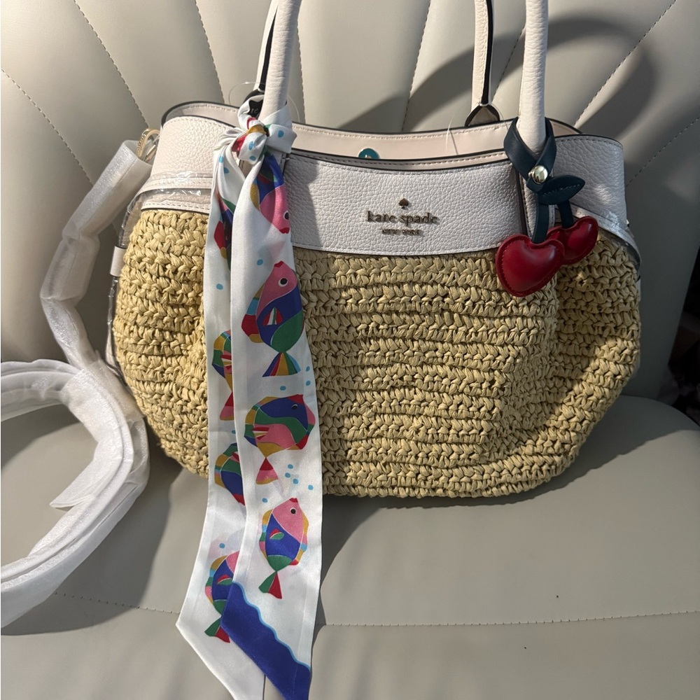 kate spade White & Natural Straw Tote with Red Cherry Charm